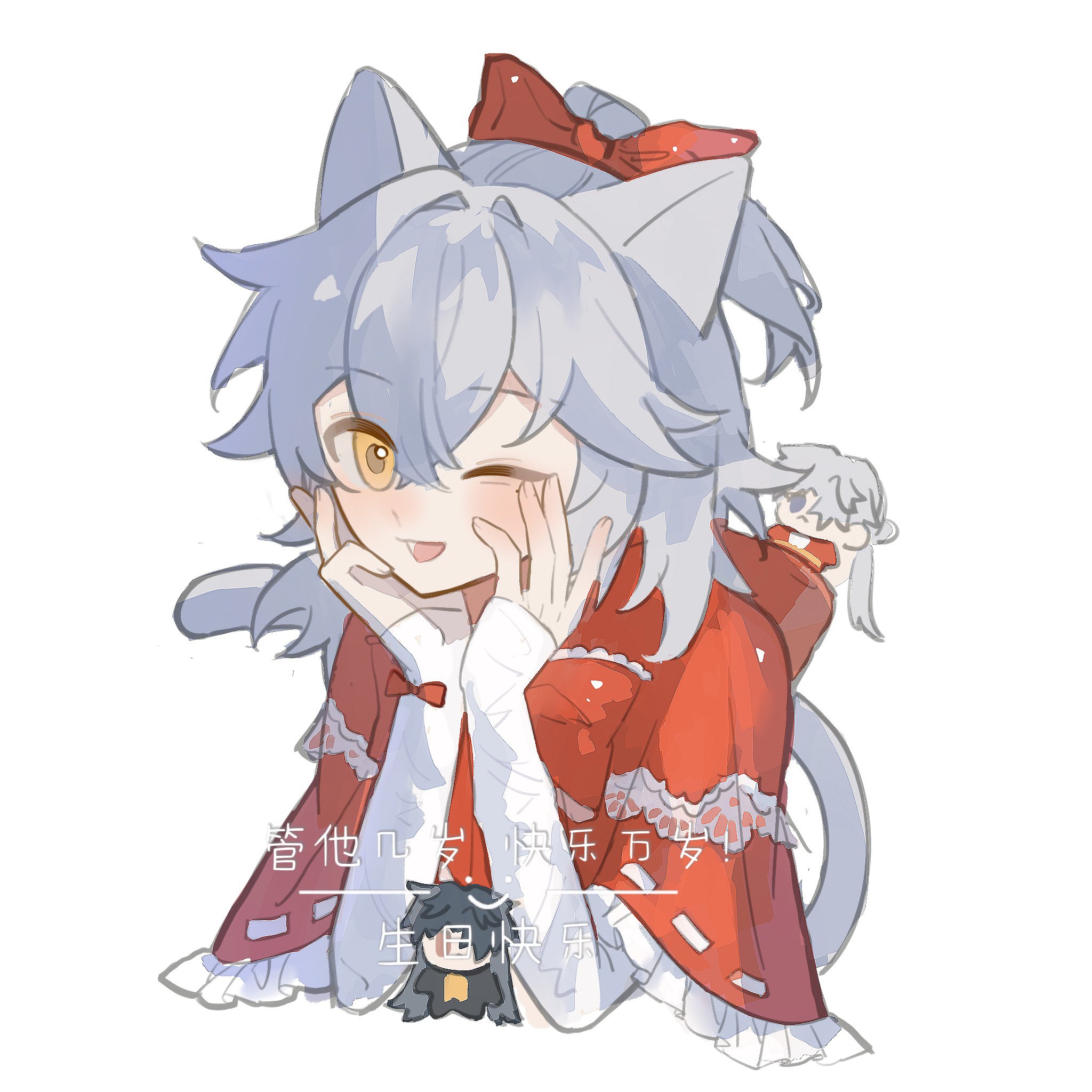 this is a digital illustration of an anime girl with cat ears and a red cloak. she is smiling and winking, and her eyes are a bright yellow. the background is white.  she appears to be a happy and cheerful character.  the art style is whimsical and colorful.