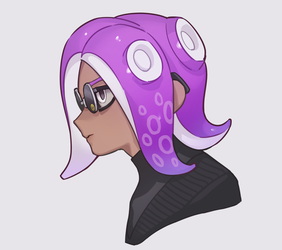 the image is a digital fanart drawing of an octoling girl from the splatoon series, depicted from the side in a portrait style. she has purple tentacles styled like hair with white accents, brown skin, and is wearing round, orangetinted glasses and a black turtleneck sweater. the lighting is soft, giving a gentle feel to the image.