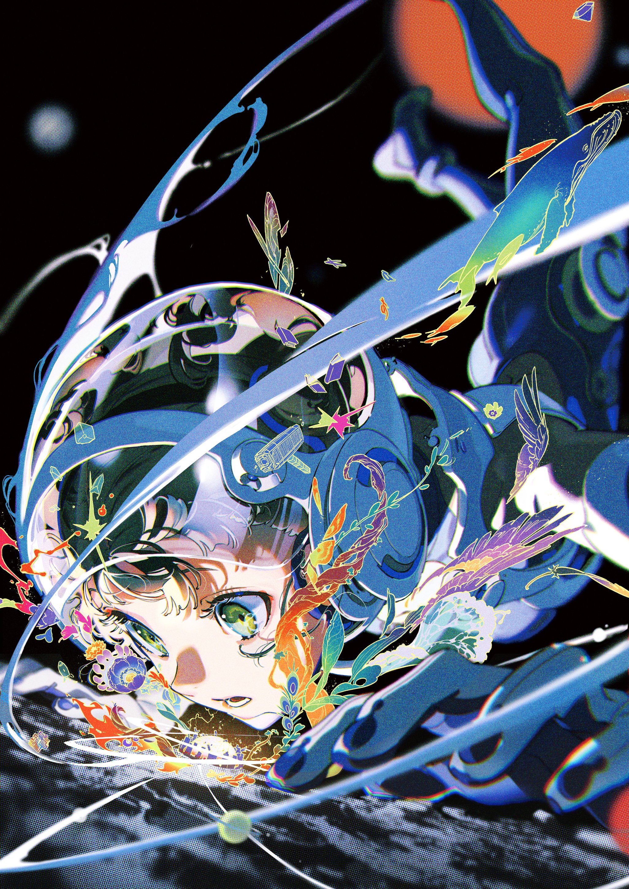 a young woman with short, curly hair and large eyes is depicted in a dynamic pose, seemingly floating in the vast expanse of space. she wears a futuristic, intricately designed astronaut suit with a transparent helmet. the suit features blue and white accents, and it appears to be generating swirling trails of light and color as she moves. the background showcases the blackness of space, dotted with distant stars and a partially visible reddish planet. the overall style leans towards a vibrant, detailed anime aesthetic.
