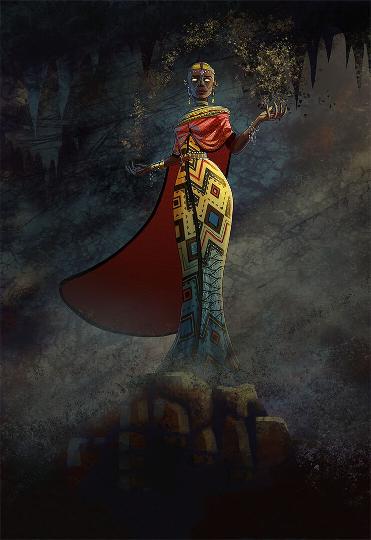 the image is a digital painting depicting a powerful african queen or sorceress standing in a dimly lit cave. she is adorned in a long, intricately patterned yellow and blue dress, with a flowing red cape.  she wears gold jewelry and a golden crown or headpiece.  her expression is serious and commanding.  she appears to be performing some kind of ritual or magic, with dust or smoke swirling around her hands. the background suggests a dark, ancient cave with rough, textured walls. the overall atmosphere is mystical and aweinspiring. the style is fantasy art, with a strong emphasis on the woman's regal and spiritual presence.