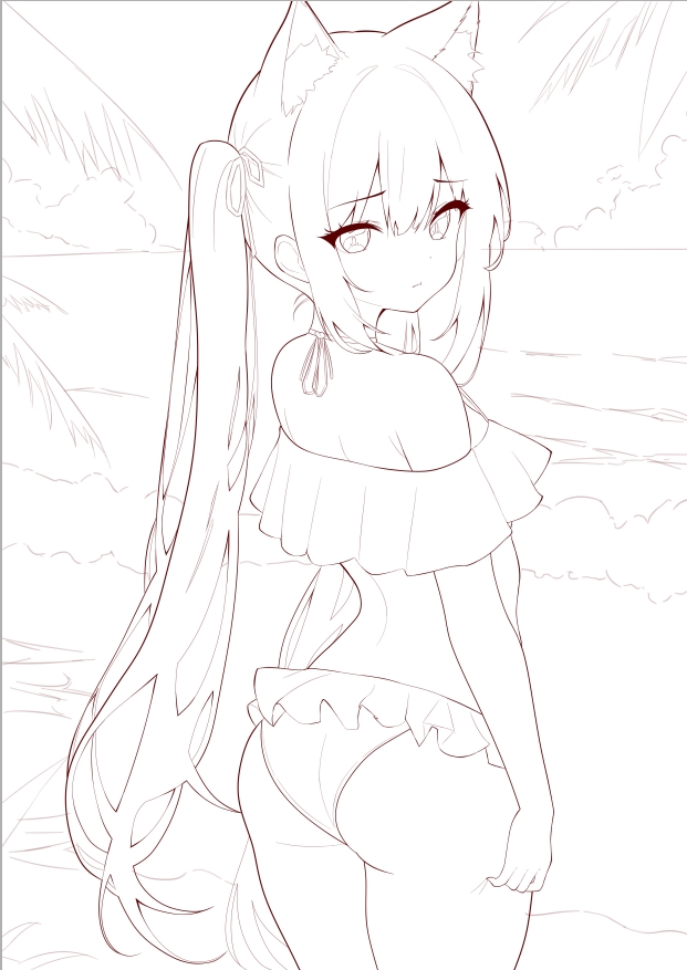 a line art drawing of an anime girl with fox ears, wearing a swimsuit, standing on a beach. the drawing is simple and elegant, featuring a clean outline and a focus on the character's pose and features. the background includes palm trees and ocean waves, suggesting a summer setting.  the style is kawaii, with a focus on cuteness and charm. the image would be suitable as a coloring page.
