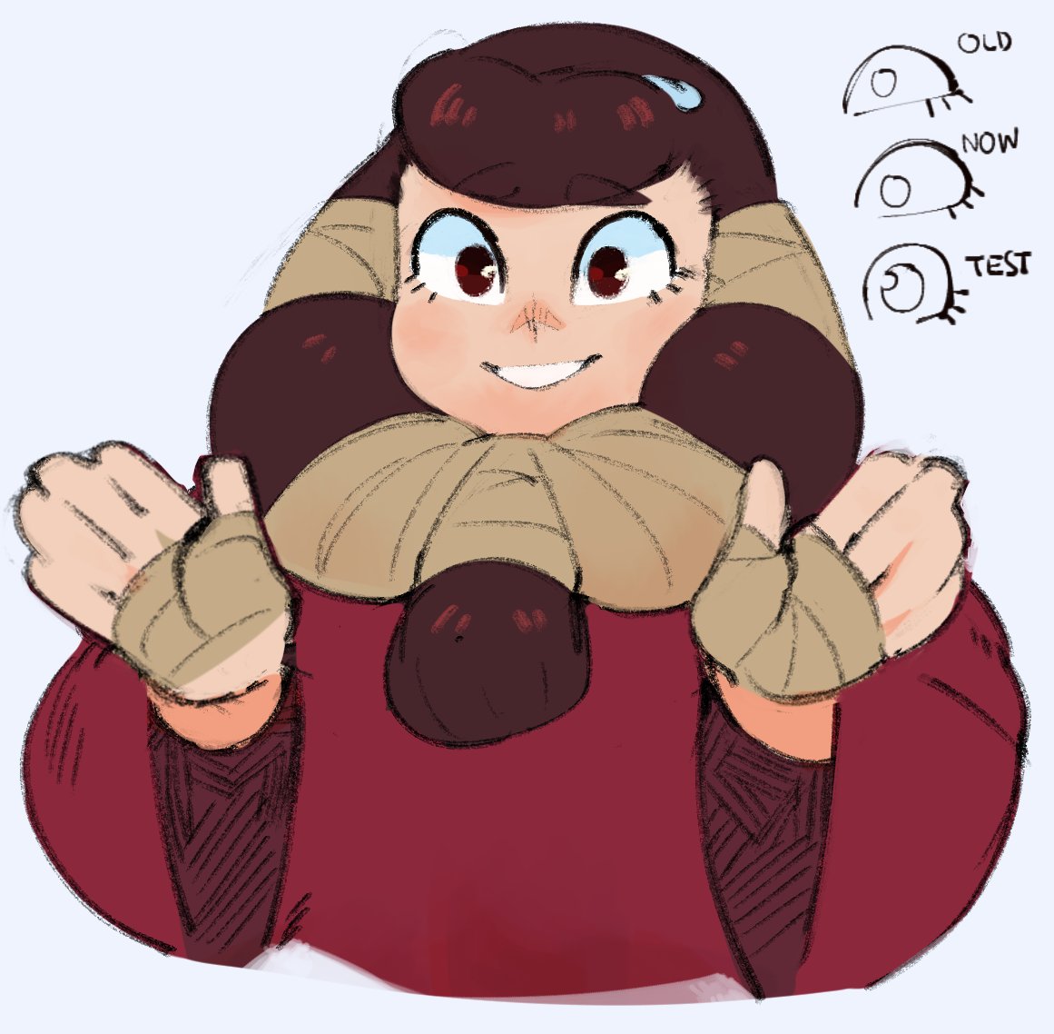 a digital illustration of a cartoon girl with brown hair, wearing a red sweater and beige scarf and mittens. she is smiling and looks happy. the illustration has a simple style with thick lines and soft colors. there are three different styles of eyes drawn in the upper right corner of the image.