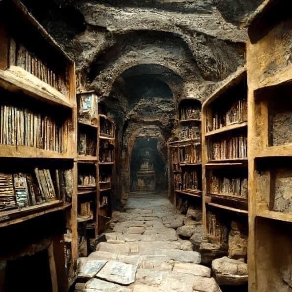 the image depicts an underground library with a stone pathway leading through a corridor lined with bookshelves. the space is dimly lit, creating a mysterious and ancient atmosphere. the library appears to be carved into a cavelike structure with archways and stone walls. the bookshelves are filled with books, adding to the sense of history and knowledge.