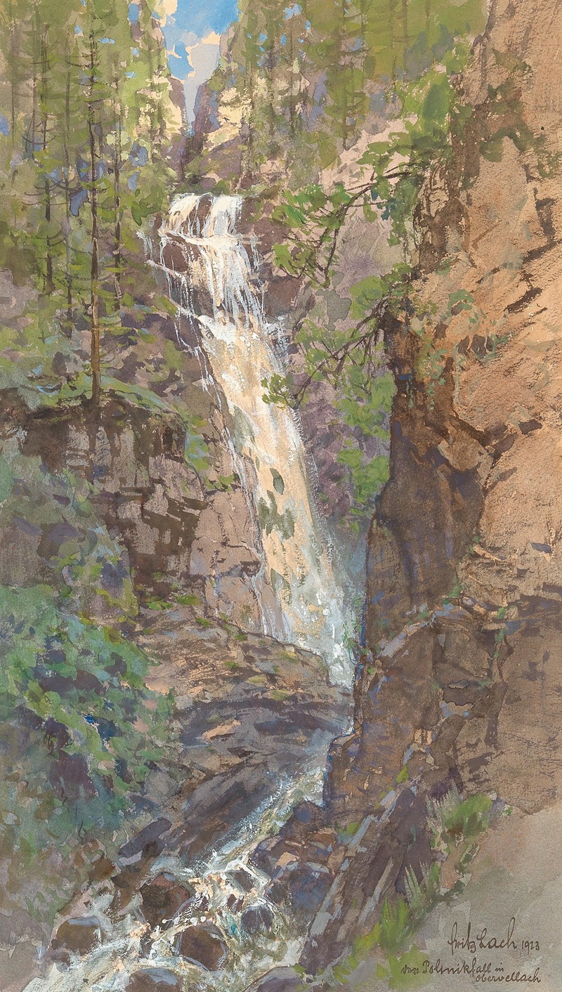 the image is a painting of a landscape featuring a waterfall cascading down a rocky cliffside. tall trees frame the view, adding depth to the scene. the waterfall flows into a stream at the bottom of the painting. the overall mood is serene and natural. it is signed by artist fritz lach.