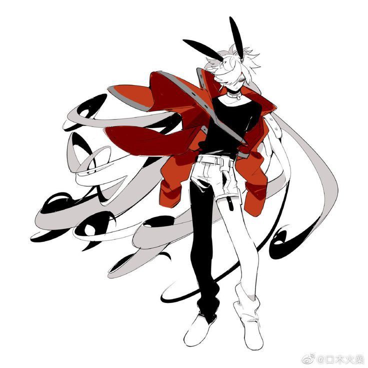 an illustration of a cartoonish anime character with rabbit ears and moth wings. they have long white hair and are wearing a black shirt under a red jacket. their outfit features a striking twotone design, with one leg and parts of their clothing colored black, while the other leg and other parts of their clothing are white. the moth wings and surrounding details include monochrome accents, adding to the overall aesthetic.