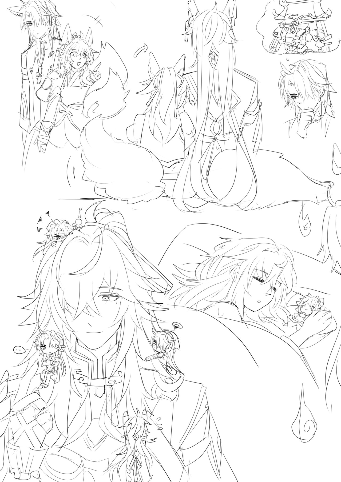 a black and white sketch of an anime scene. the scene features multiple anime characters.  several characters are sitting, standing, and laying down. one character is in the foreground and others are in the background. the background characters are in the middle of the page and the foreground character is at the bottom. the background features a large fluffy tail.