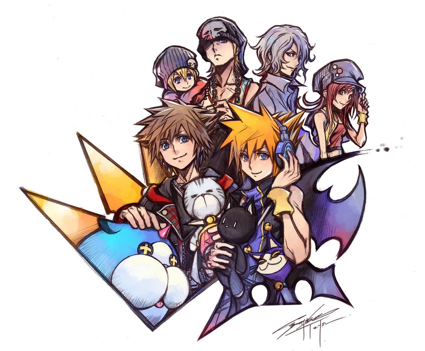 the image is a vibrant fan art of the main characters from the kingdom hearts video game series, featuring sora, riku, kairi, roxas, axel, and xion. they are all depicted in dynamic poses, showcasing their personalities and relationships. the art style is animeinspired, with sharp lines and bold colors. the background is a simple white, putting all the focus on the characters. the image also includes iconic kingdom hearts elements like the crown symbol and the dream eater spirits.