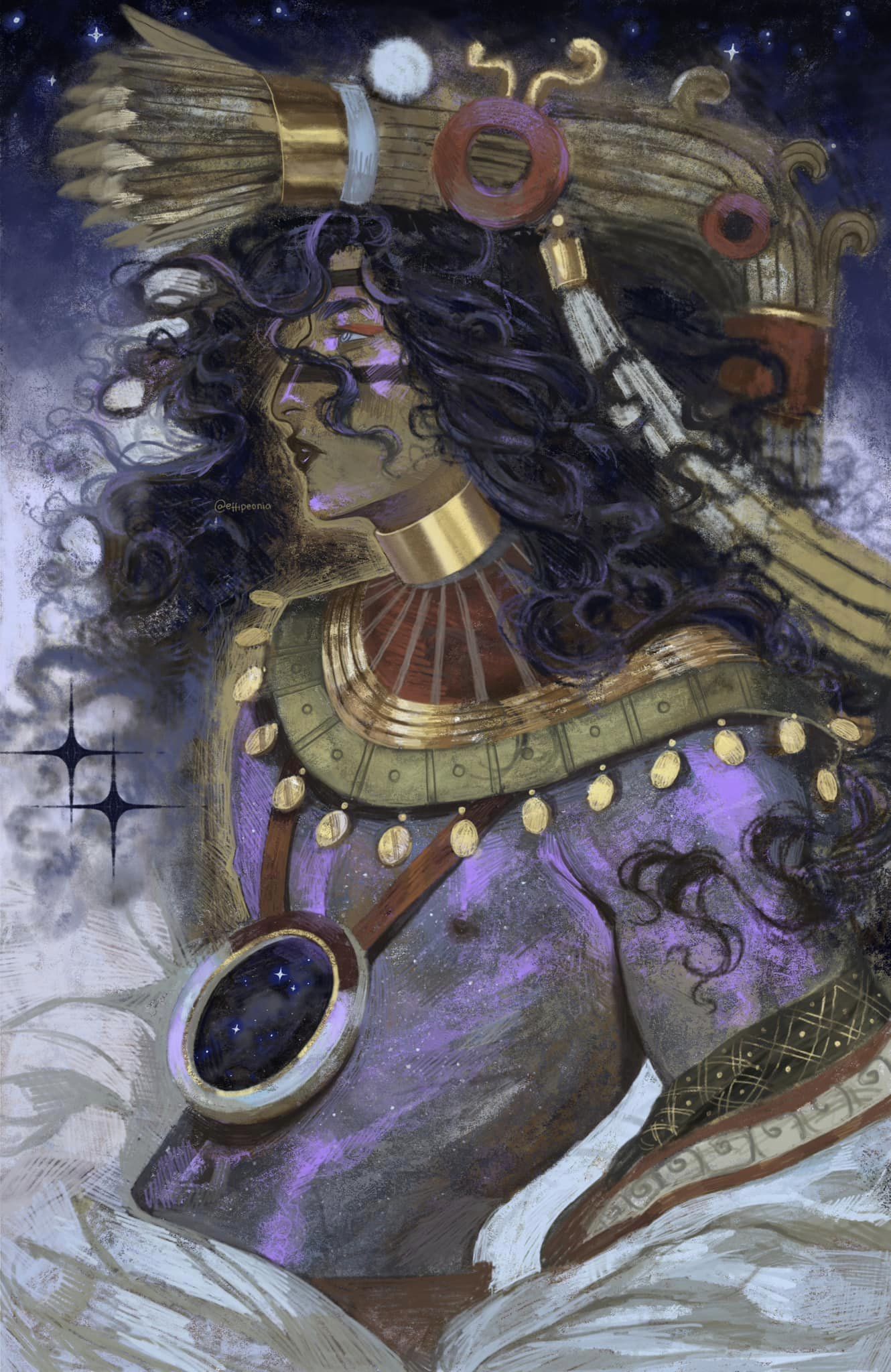 this digital art piece depicts a celestial being, possibly a goddess or a deity, in a dark, ethereal setting. the woman is adorned with a magnificent golden headdress and jewelry. her robe is a deep purple with a swirling pattern of galaxies and constellations. the background features a starry night sky. the figure's posture and expression convey a sense of majesty, power, and otherworldly presence.