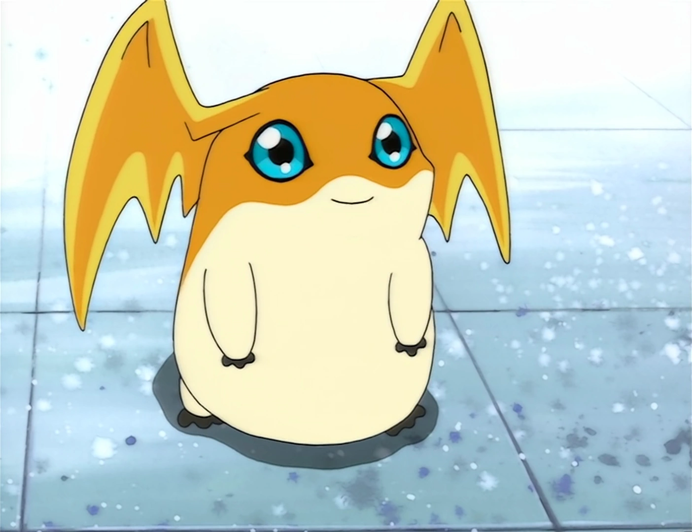 this is a digital illustration of a cute cartoon character. the character is yellow and white with large blue eyes and orange wings. it's standing on a gray tiled floor.