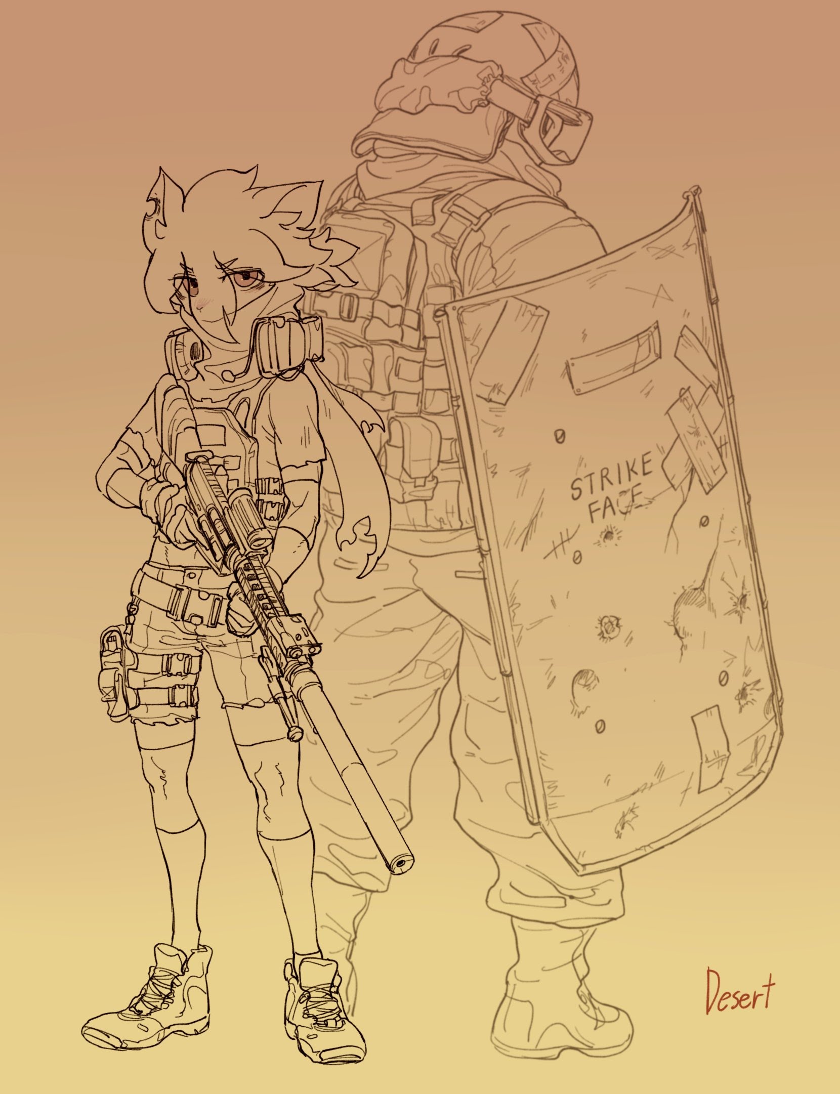 this is a black and white line drawing of an anime girl in tactical gear, holding a rifle and standing beside a soldier holding a riot shield. the girl is wearing shorts and a shirt with a helmet and has catlike features. the soldier is in full tactical gear with a helmet and holding a riot shield. there is writing on the shield that says "strike face". the soldier is standing in a slight crouch position. the image has a desert backdrop, hinting at the location. the style is clean and minimalist, with a focus on the characters and their equipment. the drawing is wellexecuted and conveys the dynamism of the scene.