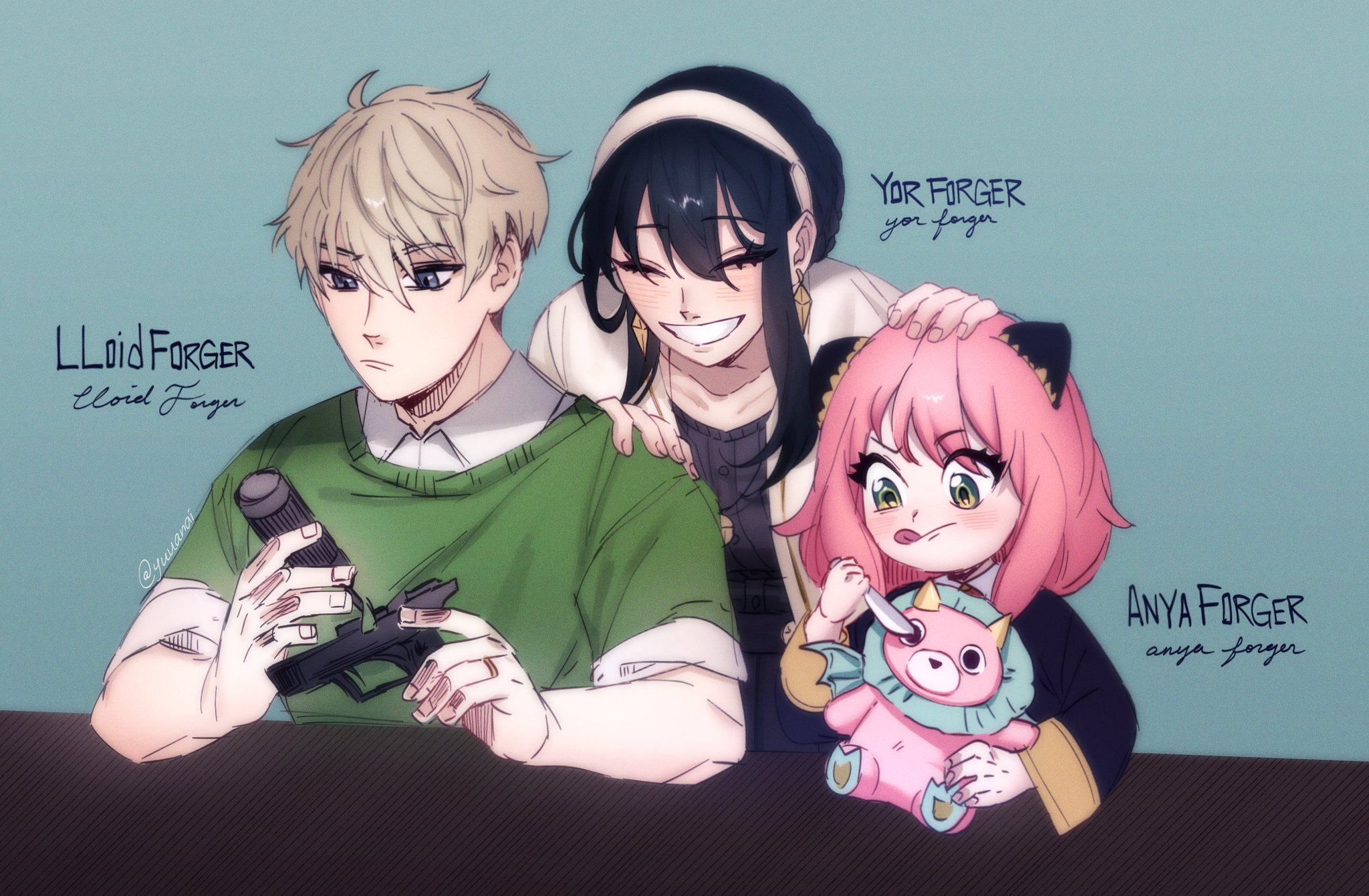 this is a digital drawing of the forger family from the anime "spy x family." the forger family is made up of lloid forger, yor forger and anya forger. they are a happy family who have a secret.  lloid is a spy, yor is an assassin and anya is a telepath.  this image shows lloid, yor and anya together in a cute and fun scene.  lloid has a gun in his hands while yor is patting anya's head.  anya is holding a pink toy bear.  the drawing is done in a cartoon style, making the characters look adorable.  the bright colors and happy expressions give the drawing a cheerful and heartwarming feel.