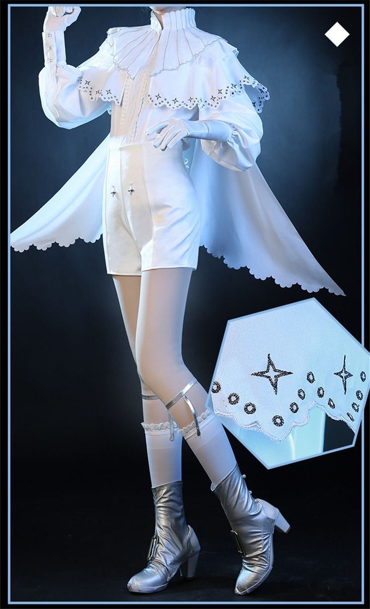 a fullbody shot of a female model showcasing a white cosplay costume. the dress features intricate lace details, a capelike overlay, and short, puffy sleeves. silver boots and gloves are included as part of the ensemble. the backdrop is a sleek, dark gray studio setting, enhancing the costume's details and the model's pose. a small portion of a white lace element with star patterns is shown in the bottom right corner, possibly indicating additional design elements of the costume. the overall impression is one of elegance and sophistication, with the color scheme and design elements creating a sense of winter or icerelated themes.