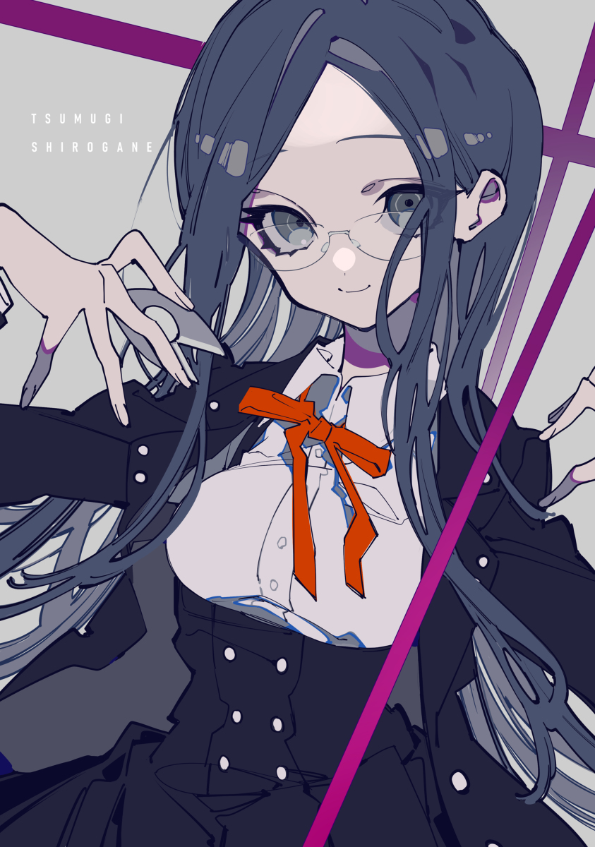 the image features a portrait of tsumugi shirogane, a character from the anime series "danganronpa." she has long, dark blue hair, wears glasses, and is dressed in a black uniform with a white shirt underneath. a bright red bow adorns the front of her shirt. her hands are positioned in the air, showcasing her fingers. purple stripes are present in the background, adding a stylized element to the image. the overall art style is indicative of anime.