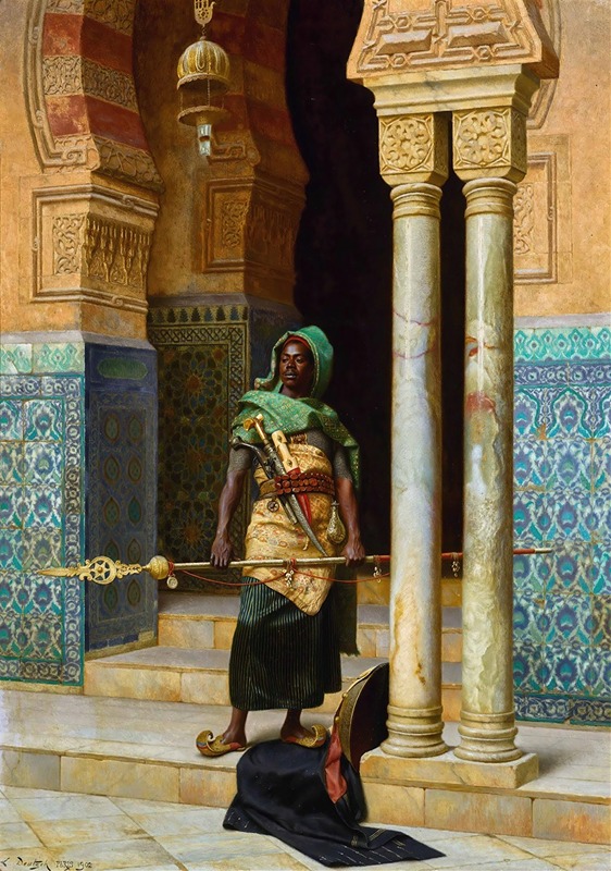 a painting depicts a black guard standing in the doorway of an ornate building with moorish architecture. he wears a green turban, ornate sash, and carries a scimitar and spear. two columns frame the guard on the right. behind the guard is a dark passageway. the doorway is decorated with islamic art and tiles. at the foot of the steps, a man kneels with a fez on the ground near him.
