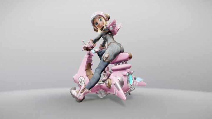 a 3d render of a pink anime girl riding a pink futuristic scooter in front of a grey background. she is wearing a pink helmet with goggles, a blue jumpsuit and white boots. the scooter is pink and has a blue light on the front.