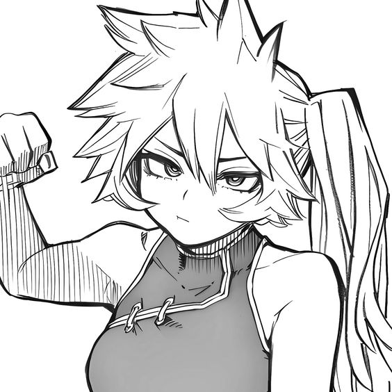 a black and white illustration of an anime girl with spiky, white hair tied in a ponytail,  she has serious looking eyes with dark lashes and is facing to the left. she is wearing a sleeveless, high collared, chinesestyle dress. the image is in a sketchy style with visible strokes.