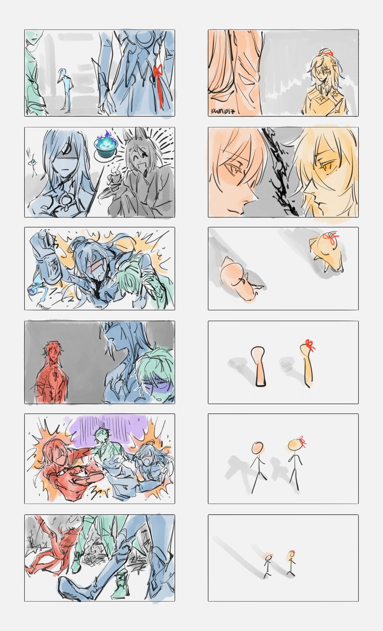 this is a storyboard for an anime or manga comic. it is a series of panels showing the different scenes and actions of the story. the panels are drawn in a simple style with basic lines and shapes. the characters are all animestyle with big eyes and expressive features. the story seems to be about a group of characters on an adventure. the panels are very dynamic and filled with emotion.