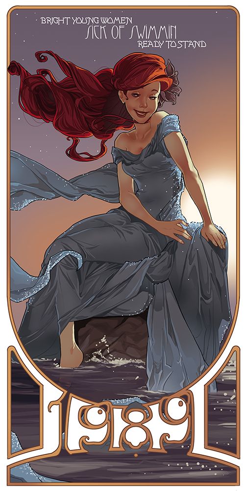 the image shows an art nouveaustyle fan art illustration of disney princess ariel from the little mermaid. she is depicted with long, flowing red hair and wearing a blue dress. she is sitting on a rock in the ocean, with the year "1989" stylized at the bottom, referencing the year the film was released. text at the top reads "bright young women" and "sick of swimmin' ready to stand". the artwork has a vintage, nostalgic feel.