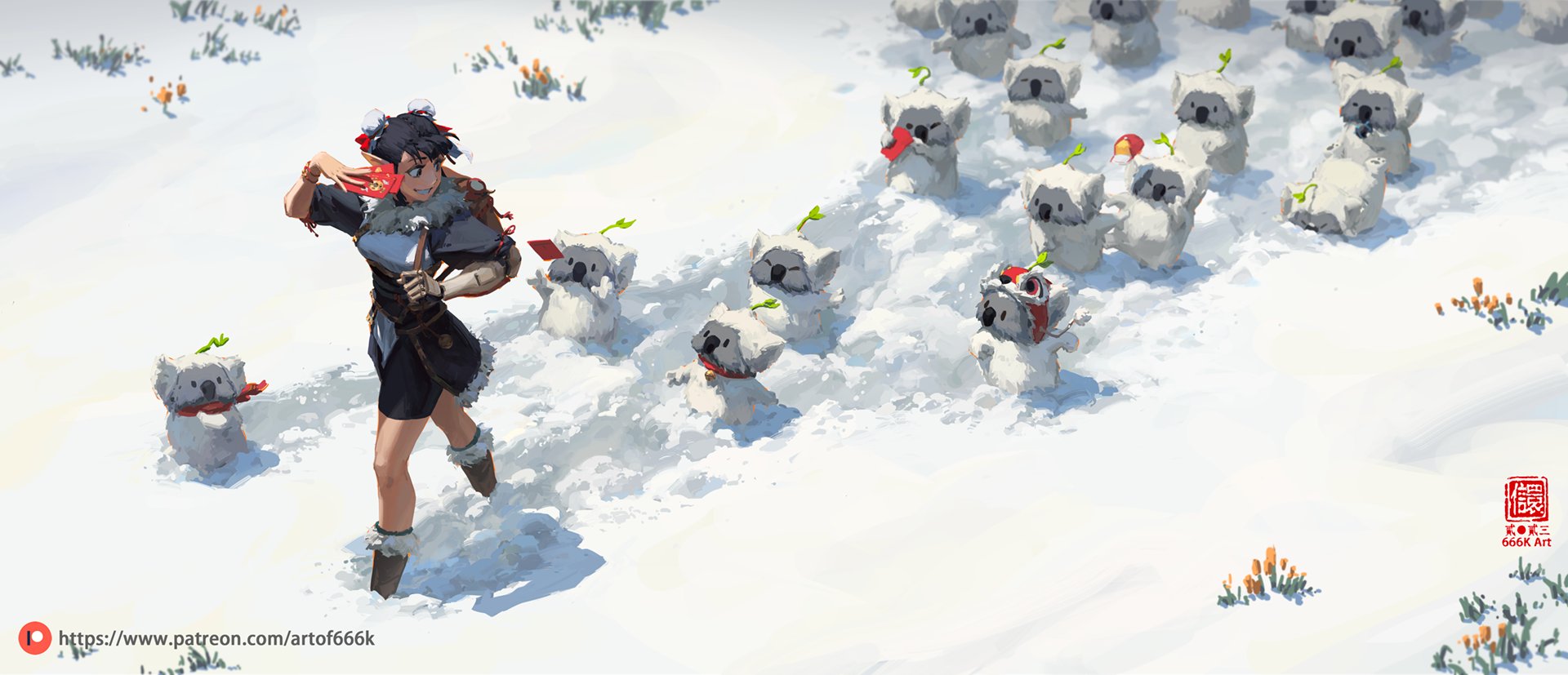 a digital painting of an animestyle girl walking through a snowy landscape. she is carrying red envelopes and is surrounded by numerous cute, snowy koalas, some of whom also have red envelopes. the scene is set in a snowy area with some small plants and flowers scattered around. the overall atmosphere is festive and joyful, possibly suggesting a chinese new year theme. the artist's signature and patreon link are visible in the image.