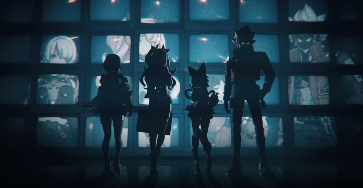 the image is a dark and mysterious scene set in a futuristic, cyberpunk environment.  five figures, silhouetted against a wall of glowing tv screens, stand in a pose that suggests they are a team or a group of friends. their attire and the overall vibe of the image suggest that they are from a science fiction or fantasy setting. the tv screens behind them show a variety of people and objects, but they are all blurry and indistinct, adding to the sense of mystery and intrigue. the dark color scheme and the use of shadows help to create a sense of unease and suspense.
