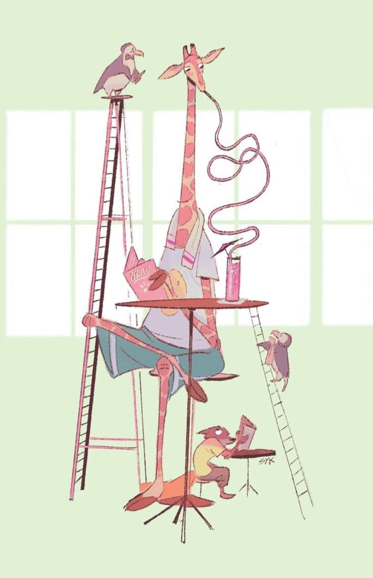 an illustration depicts a whimsical scene with various animals engaging in humanlike activities. a giraffe is seated at a table, reading a menu and enjoying a drink with its long tongue in the glass. a penguin stands atop a ladder next to the giraffe. a fox sits below the giraffe at a small table, also reading a menu. a monkey is climbing another ladder towards the giraffe's table. the background features a window. the style is cartoonish and colorful, creating a lighthearted and imaginative atmosphere.