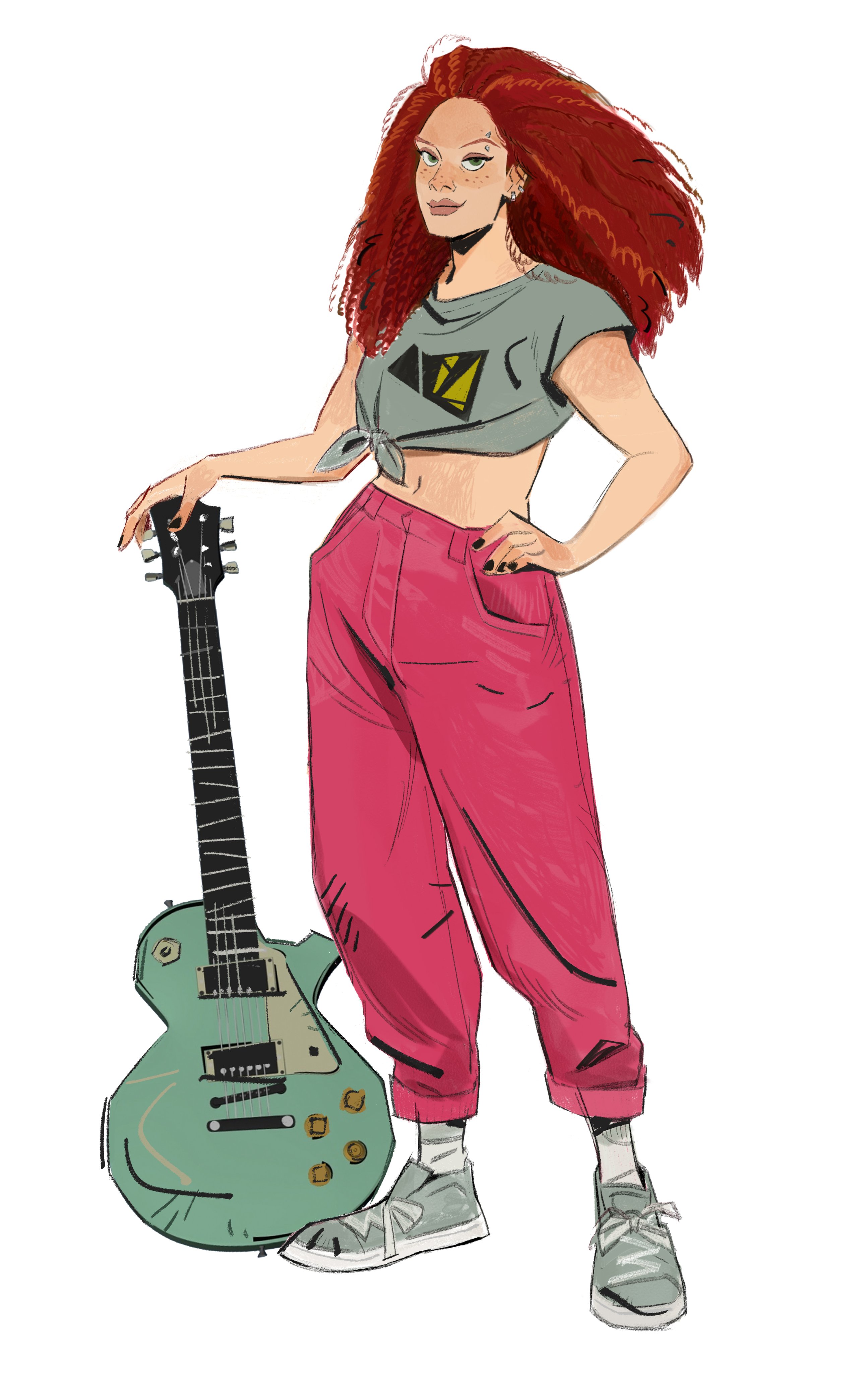 a digital illustration of a woman with red hair playing an electric guitar. she is wearing a grey crop top, pink pants, and white sneakers. she has a confident look on her face and her hand is on her hip. her hair is long and wavy and she is wearing a black earring. she is standing in a casual pose, holding the guitar with one hand. the guitar is green and blue. the background is a white. the art style is a loose and dynamic, almost sketchy style. the lines are not perfect and have a loose flow. the colors are vibrant and the overall look is energetic. the illustration gives the impression that the woman is full of life and is confident in her abilities.