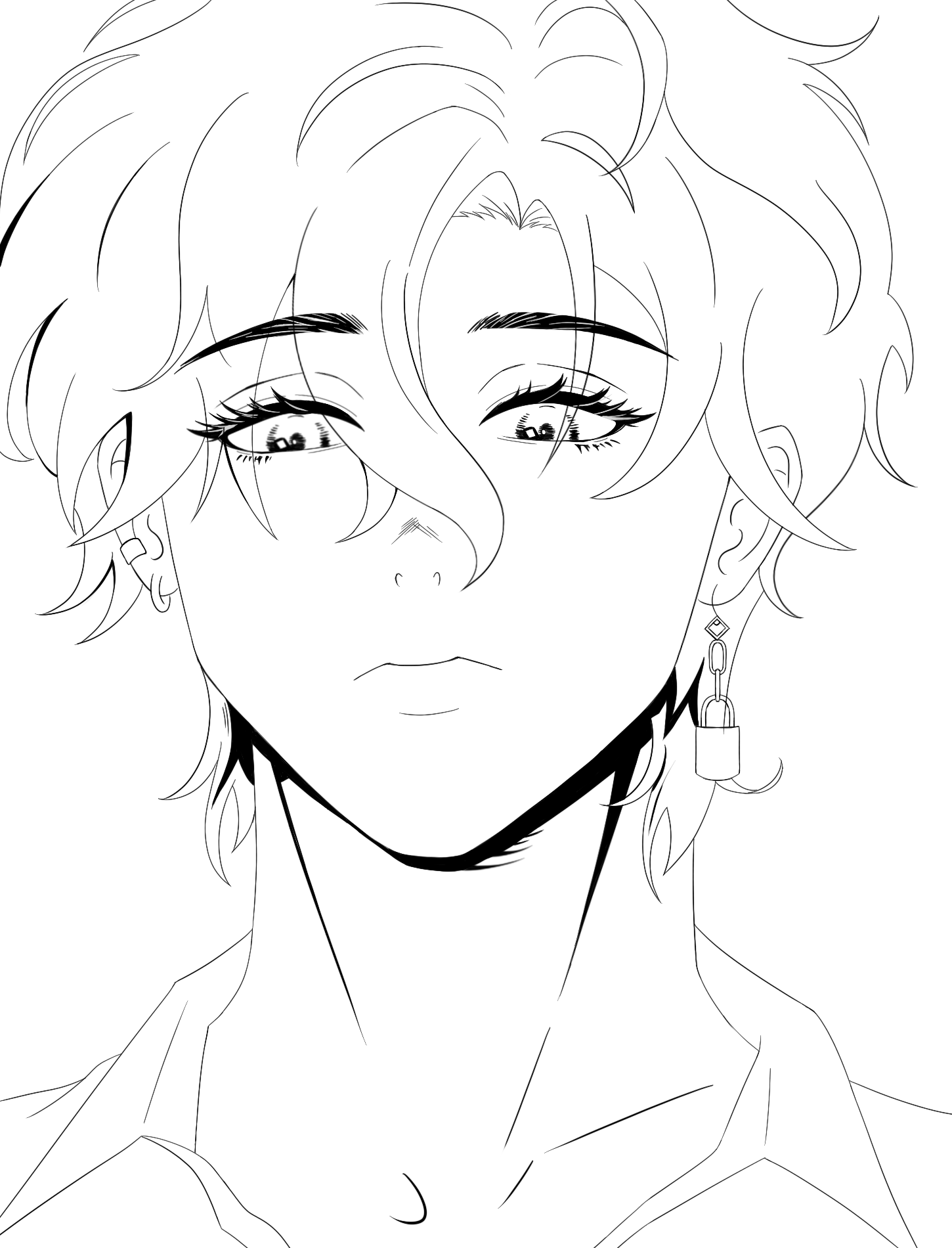 he image is a line drawing of an animestyle male character. he has short, slightly wavy hair that partially covers his forehead. his eyes are closed, giving a serene or perhaps slightly melancholic expression. the character is wearing earrings shaped like padlocks hanging from chains. his collarbone and shoulders are also visible, suggesting a relaxed or slightly vulnerable posture. the style is clean and detailed, with smooth lines and subtle shading implied through the line weight variations. the overall impression is one of a handsome and stylish young man, portrayed in an artistic and expressive manner.