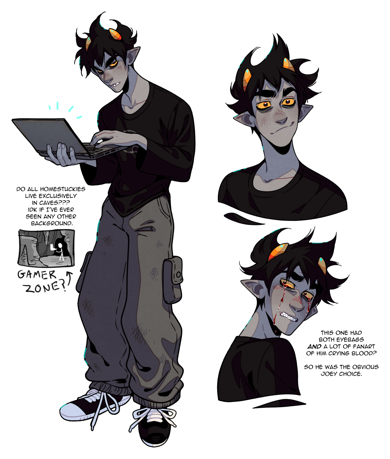 a digital illustration showcasing character design concepts. the primary figure is a young man with gray skin, pointed ears, black messy hair, and yellow eyes. he has two small black horns protruding from his hair.  he's wearing a black tshirt, gray pants, and sneakers.  the illustration includes three views of the character: a fullbody shot slightly from the side, a headshot facing forward, and a headshot turned to the side. the character expressions are neutral to slightly menacing.  annotations provide details about design choices, particularly referencing a fandom.