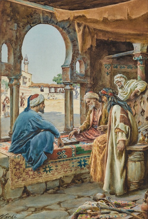 a watercolor painting by vardi depicts a group of men in traditional middle eastern clothing gathered in an arched arcade, playing checkers. one man in blue sits across from another in a red robe, both focused on the game. two other men stand or sit nearby, observing the game. the scene is set in a courtyard with architectural details, including a minaret in the background. a colorful rug covers the platform where the men are seated, and a barrel sits to the right. a weapon lies on the ground in the foreground.