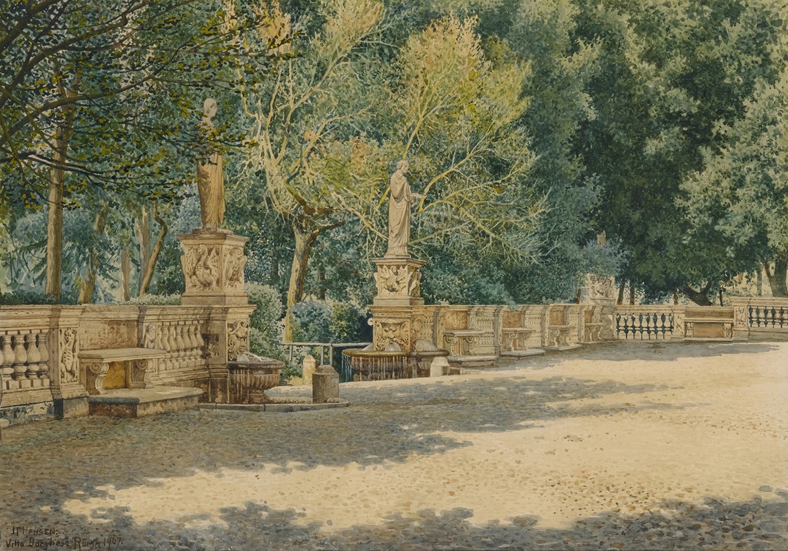 the image is a painting titled "villa borghese, rome" by j.t. hansen in 1907. it depicts a serene garden scene with statues placed atop ornate stone pedestals and fountains. lush greenery and mature trees surround the area, creating a natural and tranquil atmosphere. a balustrade with benches runs along the edge, providing seating for visitors to enjoy the garden's beauty. the overall impression is one of peaceful contemplation and the timeless elegance of italian garden design.