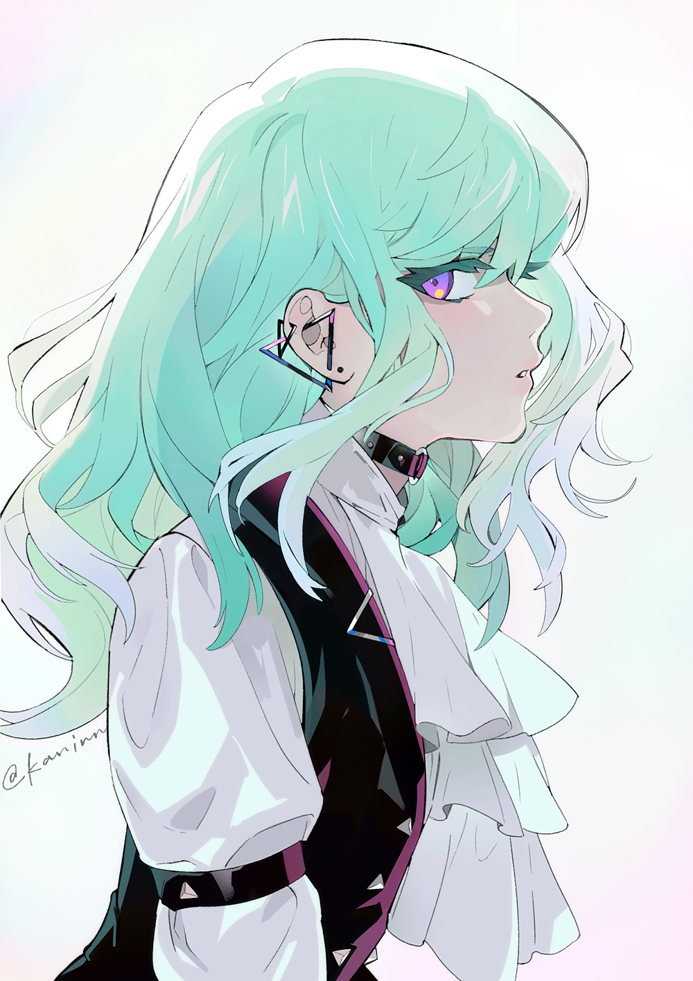 a digital illustration of an anime girl with long, flowing green hair. she is wearing a white shirt with a black vest and a choker. she has purple eyes and a piercing in her ear. the background is white.