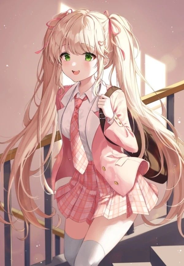 an anime girl with long blonde hair tied in pigtails with pink bows is wearing a pink school uniform. she is holding a bag in her left hand and smiling happily as she walks up the stairs. the background is a pale pink and she is illuminated by warm light.