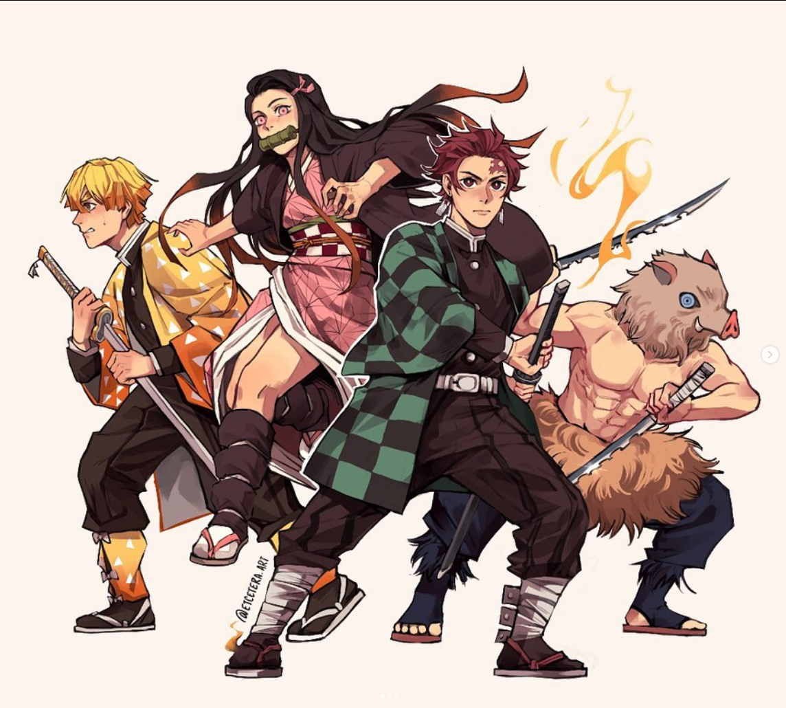 a digital illustration featuring the four main characters from the anime and manga series demon slayer: tanjiro kamado, nezuko kamado, zenitsu agatsuma, and inosuke hashibira. they are depicted in dynamic poses, wielding their signature swords, ready for battle.  the art style is animeinspired, with vibrant colors and exaggerated features.  the characters are drawn with a sense of energy and movement. tanjiro, in his signature green and black checkered haori, stands at the forefront, while nezuko, in her pink kimono, leaps through the air behind him. zenitsu, with his bright yellow haori, is positioned on the left, and inosuke, with his boar mask and bare chest, is on the right.  the background is a simple offwhite, putting the focus solely on the characters.