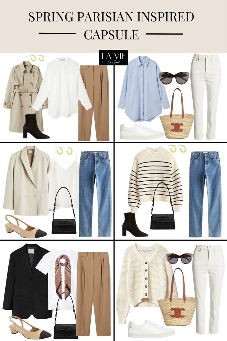 the image shows a "spring parisian inspired capsule" wardrobe collection. the capsule includes various clothing items and accessories laid out in a grid. the outfits consist of trench coat, white shirts, brown pants, black boots, earrings, blue shirt, white sneakers, sunglasses, straw tote bag, white jeans, blazer, white tank top, blue jeans, black shoulder bag, slingback heels, striped sweater, black blazer, white tshirt, scarf, and cardigan.