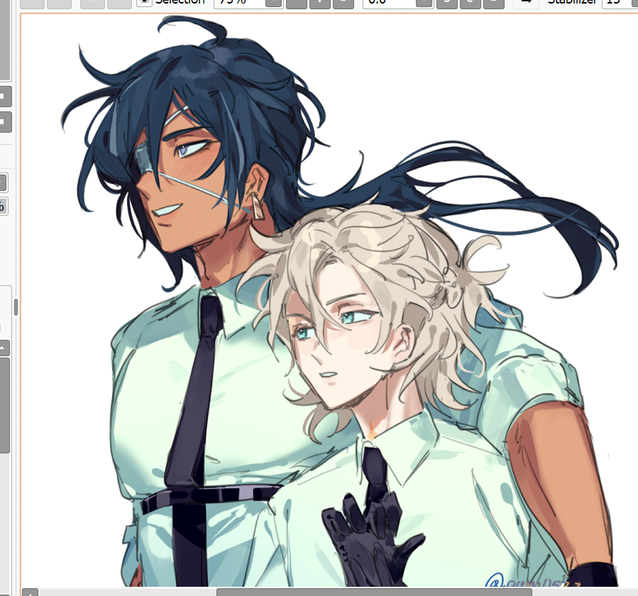 this is a digital art illustration of two anime male characters. the one on the left has long dark blue hair, brown skin, dark blue eyes, and is wearing a white shirt with a black tie and a black belt. he is smiling and looking at the camera. the character on the right has long light blonde hair, light skin, blue eyes, and is wearing a white shirt with a black tie and black gloves. he is looking at the camera and seems to be slightly embarrassed. the background is white. they are standing together, with the character on the left holding his arm around the character on the right. they are both in a friendly and loving relationship, and seem to be very close to each other. this is a digital art illustration.