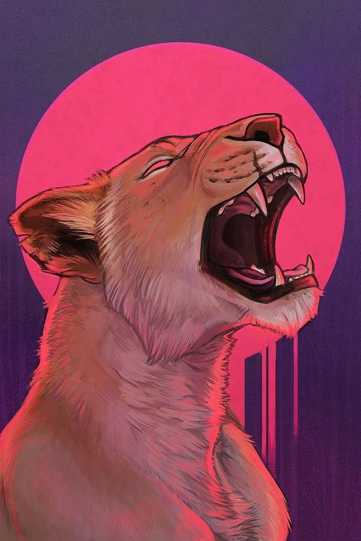 a digital painting of a lioness roaring with its mouth wide open, showcasing sharp fangs. the background features a pink moon and purple stripes. the painting depicts a powerful and fierce creature.