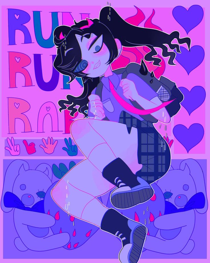 the illustration shows an anime girl with black hair and pigtails, dressed in a school uniform, running with her backpack over her shoulder. the girl is in midair with her legs bent as she runs, her shoes and backpack are a highlight in the image. the background is a vibrant mix of pink, purple, and blue with hearts and bunny shapes.  the overall image is energetic and cute.