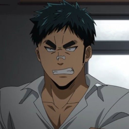 this is a digital illustration of an adult male anime character who appears to be angry. he has short, dark hair and bushy eyebrows. his mouth is open, as if he is yelling. he is wearing a white, collared shirt. the background is blurry.