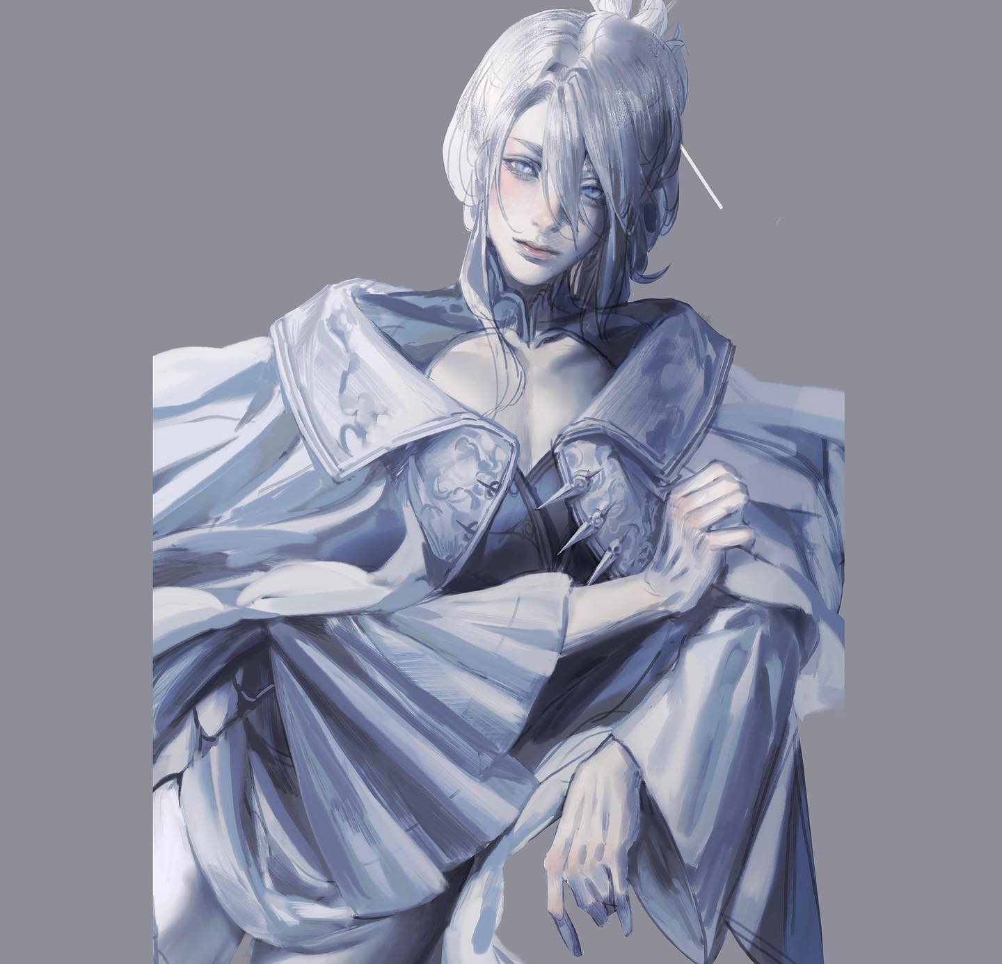 this is a digital art portrait of a young woman with white hair and blue eyes. she is wearing an elegant white and blue outfit and a cape. the background is a solid gray color. the artwork style is reminiscent of anime and character design. the lighting is soft, and the perspective is a closeup.