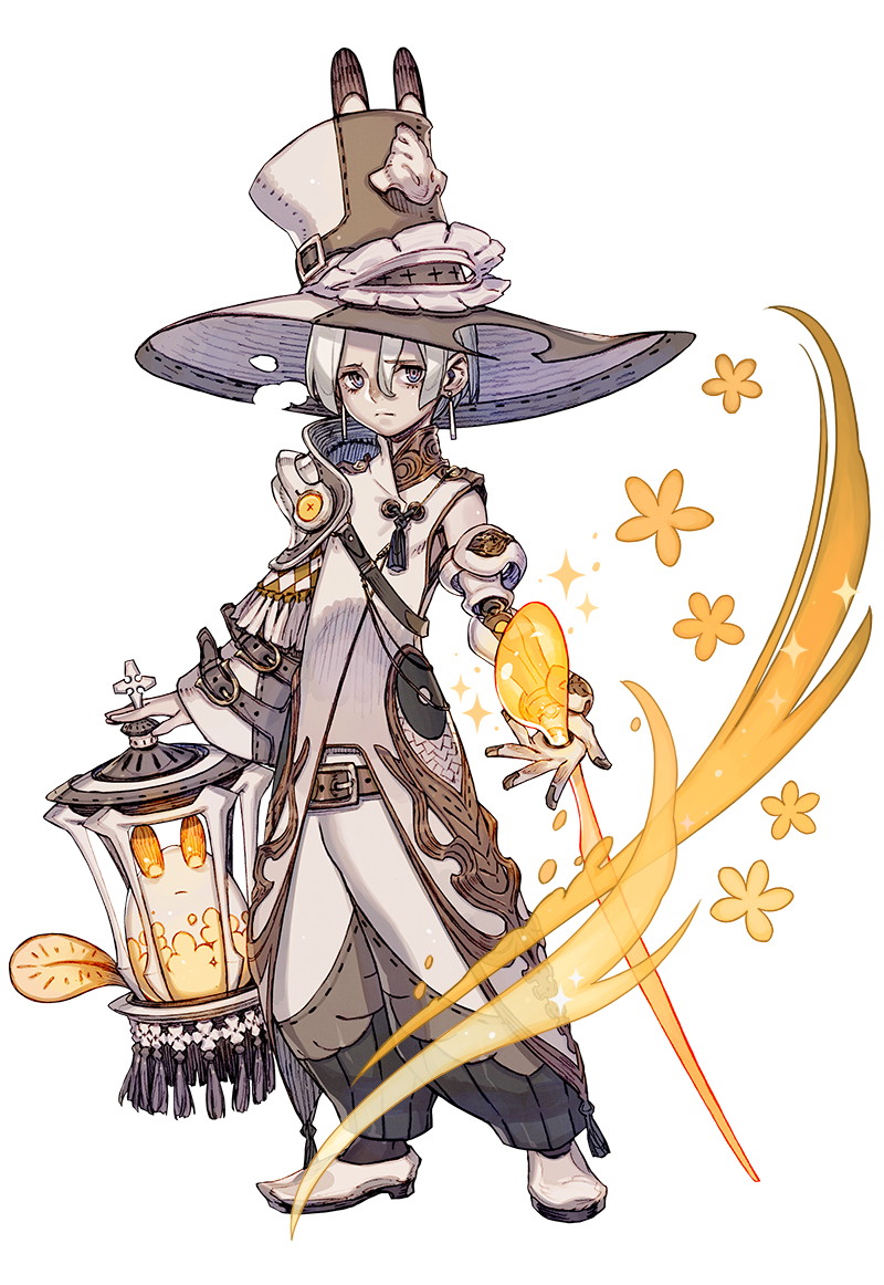 this illustration features a  anime character with a unique and expressive style.  she is wearing a  large white  hat and a white,  flowy  dress,  and carries a lantern in one hand.  she has a flowing  yellow light coming from her  other hand.