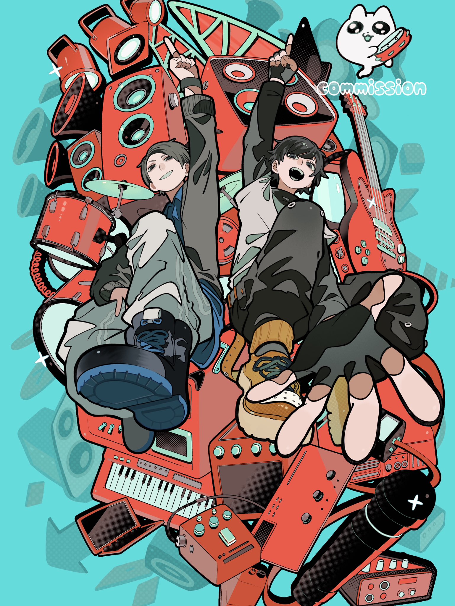 this is a digital illustration featuring a cartoon band of two young musicians in a vibrant, energetic style. they are surrounded by a multitude of musical instruments and equipment, including guitars, drums, a keyboard, a synthesizer, microphones, speakers, headphones, and a laptop. the scene is set on a stage, suggesting a live performance, and the overall feel is one of high energy and excitement.  the illustration is done in a cartoon style with bold colors and dynamic lines.