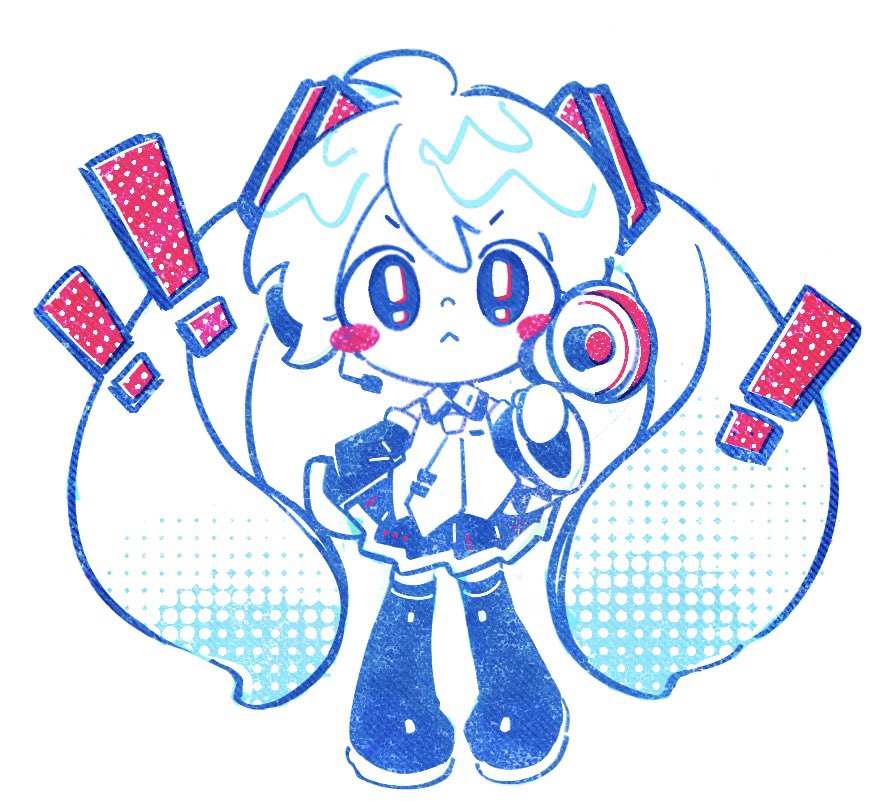 this is a digital illustration of hatsune miku in a chibi style.  she's depicted as a small, cute character with large eyes and exaggerated features. she is holding a microphone and has headphones on.  the art style is bright and colorful with a textured, almost printlike effect. large exclamation marks are in the background adding to the energetic feeling. the overall aesthetic is kawaii (cute) and animeinspired.