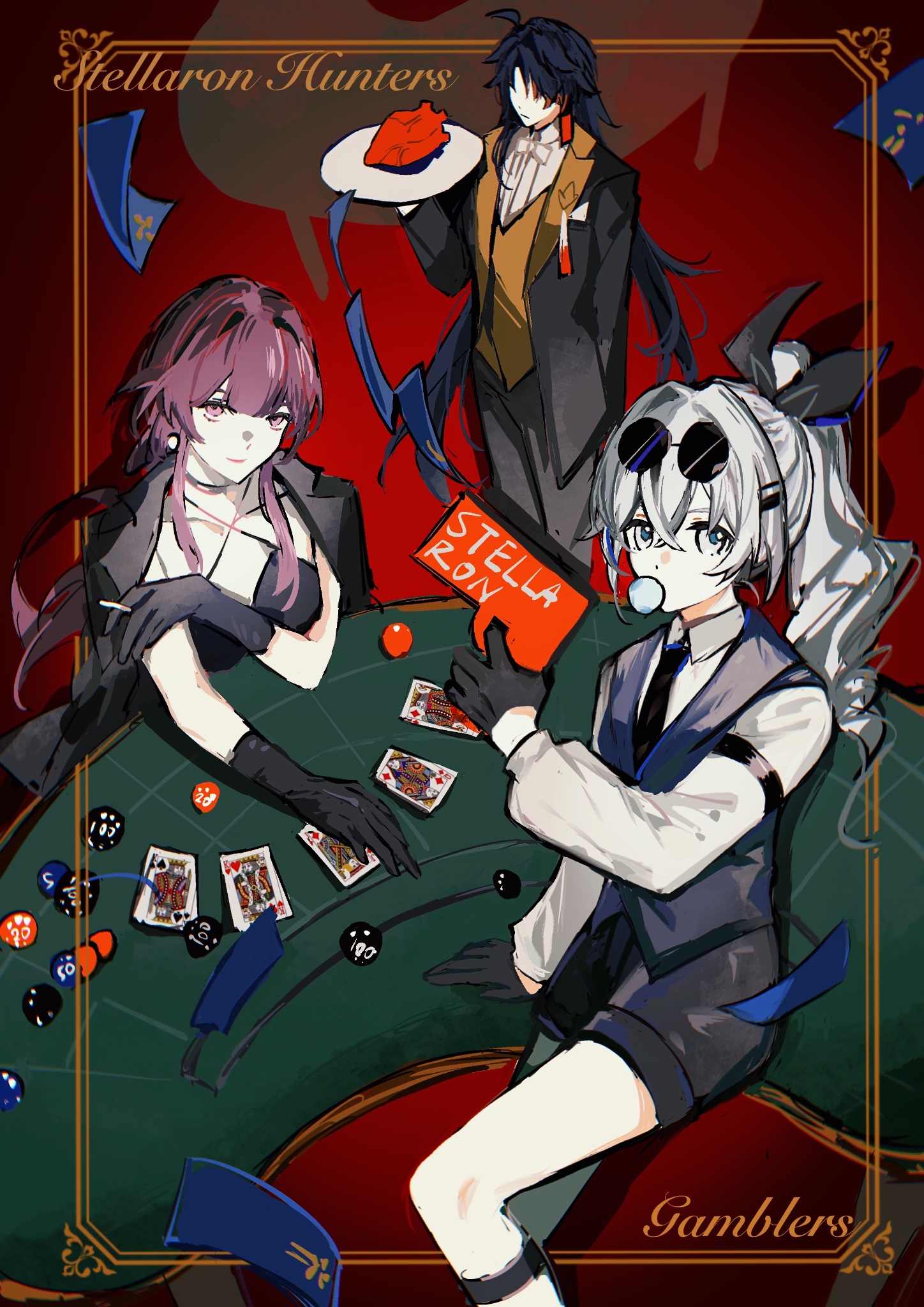 an anime illustration of three women playing cards. two of the women are in black and white outfits while the third is in a green and blue outfit. the image is set in a casino setting with cards, chips, and a table.
