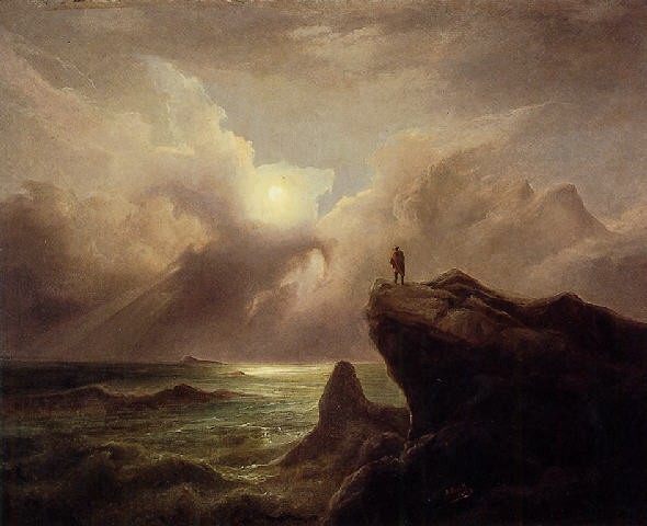 the image is a painting depicting a dramatic seascape. a solitary figure of a man stands on the edge of a dark, rocky cliff, silhouetted against a turbulent sky. the sun breaks through the clouds, casting a beam of light on the sea below. the ocean is depicted with rough, choppy waves, and there are other rocky formations in the distance. the painting evokes a sense of solitude, awe, and the power of nature. the style of the painting is reminiscent of romanticism, particularly the works of caspar david friedrich.