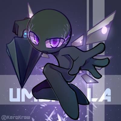 a digital art illustration of a dark green character with purple eyes and a large weapon. the character is standing in an action pose with one arm extended. behind the character are many crystal shards and a background of purple and black. the character appears to be made of pixels.