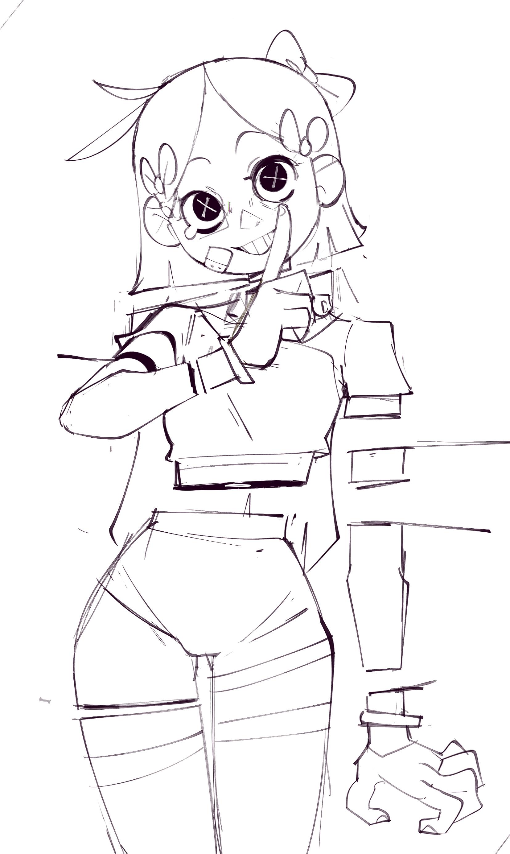 a cute girl with large eyes and a mischievous smile is shown pointing her finger at the viewer.  she has a bandaged face and is drawn in a simple line art style.  the background is white with some lines that might be part of a chair.