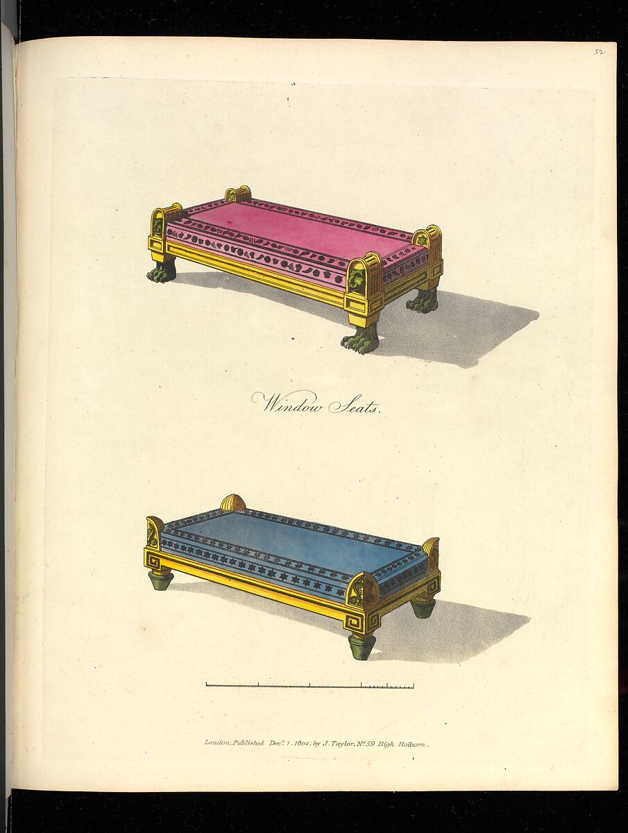 the image shows an antique illustration from a publication featuring two window seats. the top window seat is upholstered in pink, with a gold frame and what appears to be clawlike legs. the bottom window seat is upholstered in blue with a gold frame and smaller, nonclaw legs. the illustration includes a scale and publisher information at the bottom.