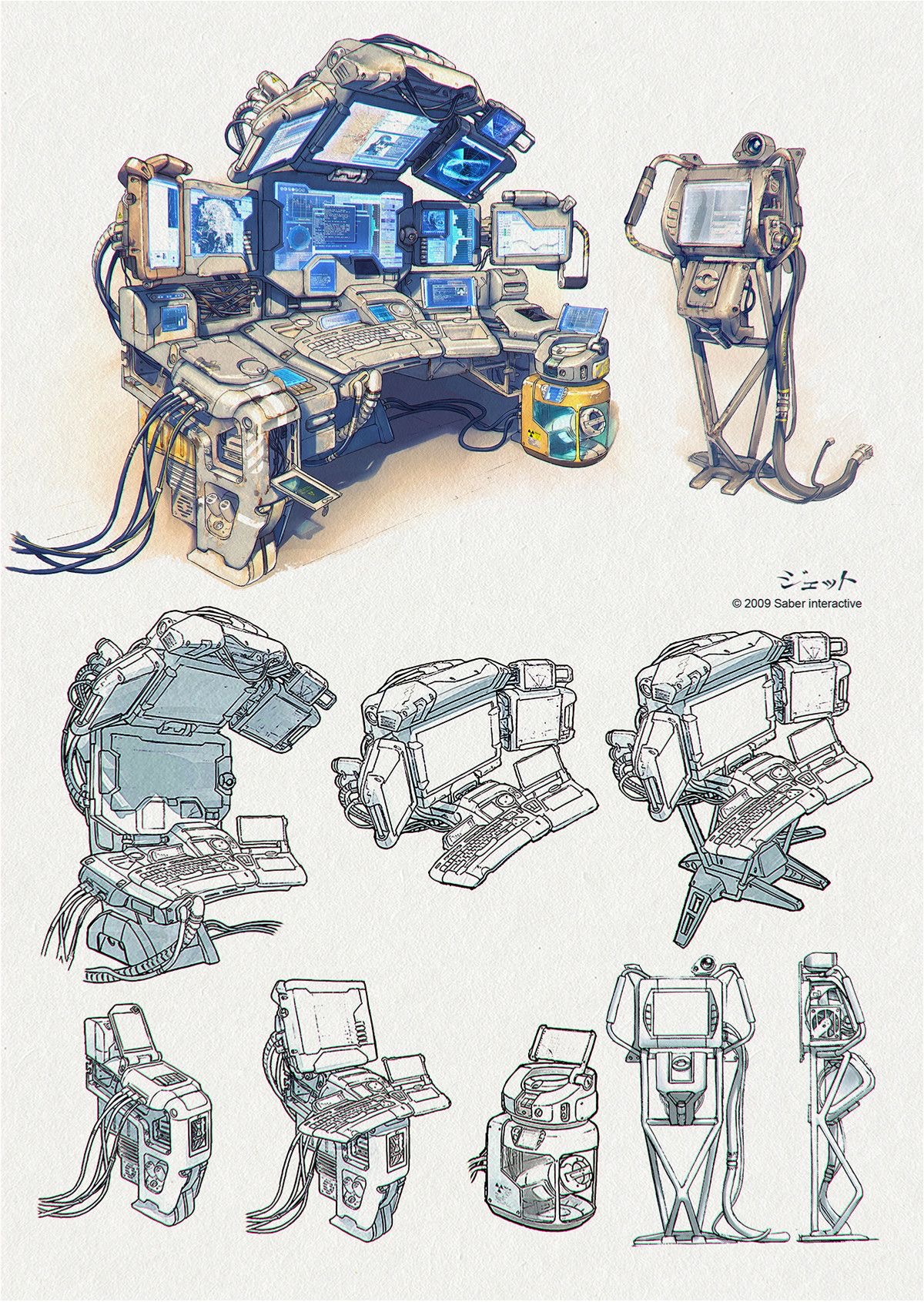the image presents a series of concept art sketches for a futuristic computer workstation. rendered in a detailed, technical style, the sketches showcase the workstation from various angles, including isometric, front, and side views. the workstation features multiple monitors, a central control panel, and various auxiliary devices, all interconnected with cables and wires. the design is highly functional and utilitarian, suggesting a setting within a scifi environment where efficiency and practicality are paramount. the color palette is muted, emphasizing the metallic and plastic textures of the workstation components.