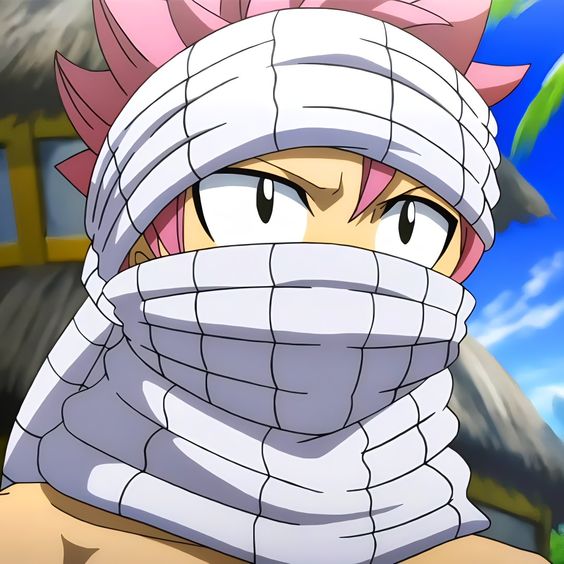 a closeup illustration of an anime character with pink hair partially covered by a white headband. the character has a determined expression with narrowed eyes. the background suggests a tropical setting with palm trees and a blue sky.  the image is brightly lit with soft shadows, creating a warm and inviting atmosphere.