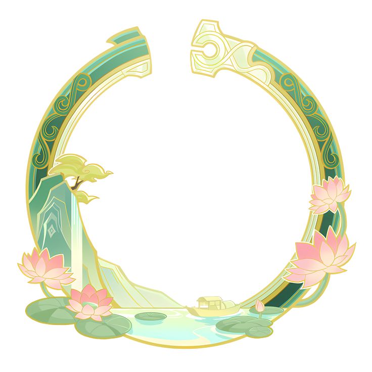 an ornate, circular frame is depicted with a naturethemed illustration inside. the frame has shades of green and gold. the illustration includes mountains, a waterfall, lotuses, a body of water, and a small boat.